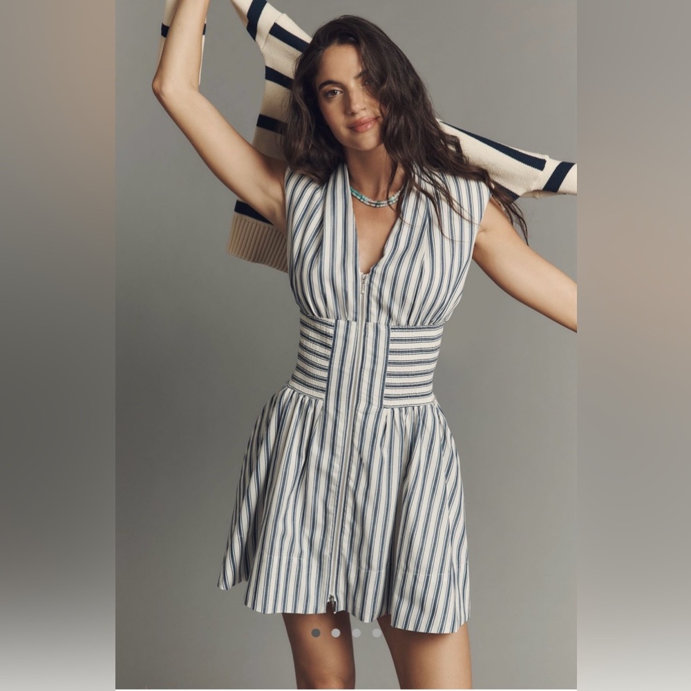 The Tommie Cap Sleeve Stripe smocked front zip mini shirt dress